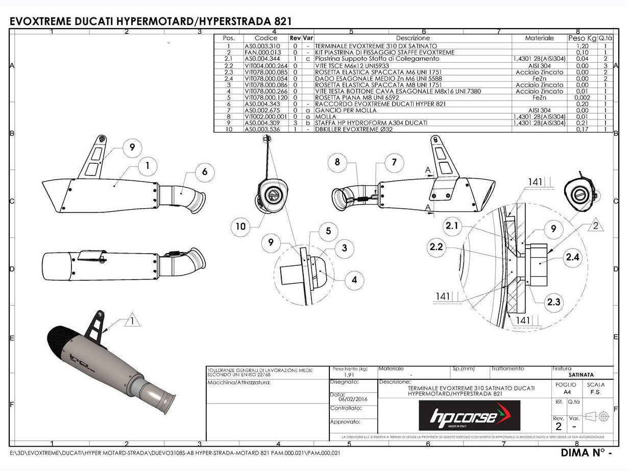 HP CORSE Ducati Hypermotard 821 Low Position Slip-on Exhaust "Evoxtreme 310 Satin" (EU homologated)