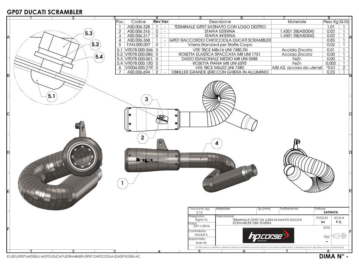 HP CORSE Ducati Scrambler 800 Slip-on Exhaust "GP-07 Satin" (EU homologated; with wire mesh)