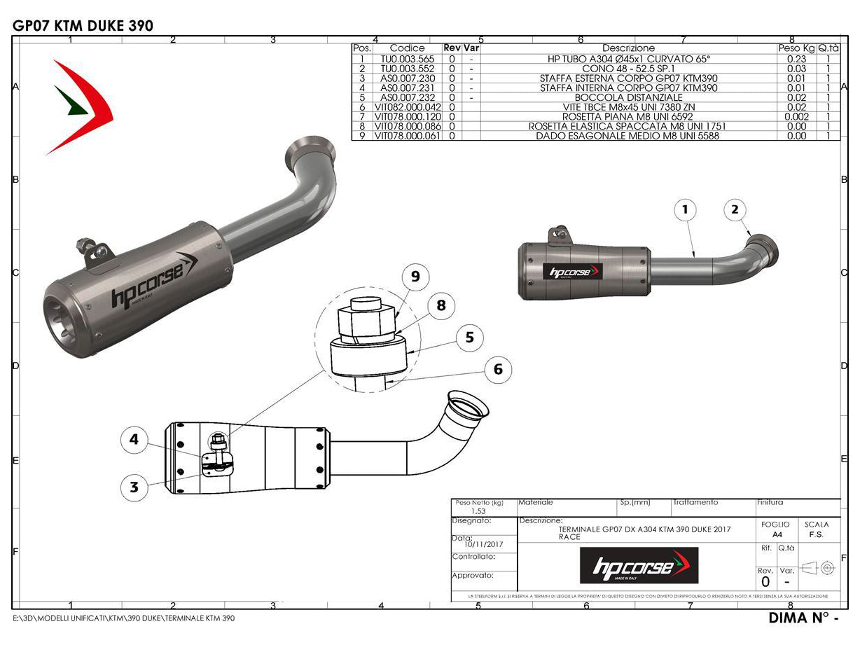 HP CORSE KTM 390 Duke (13/16) Slip-on Exhaust "GP-07 Black with Aluminum Ring" (racing)