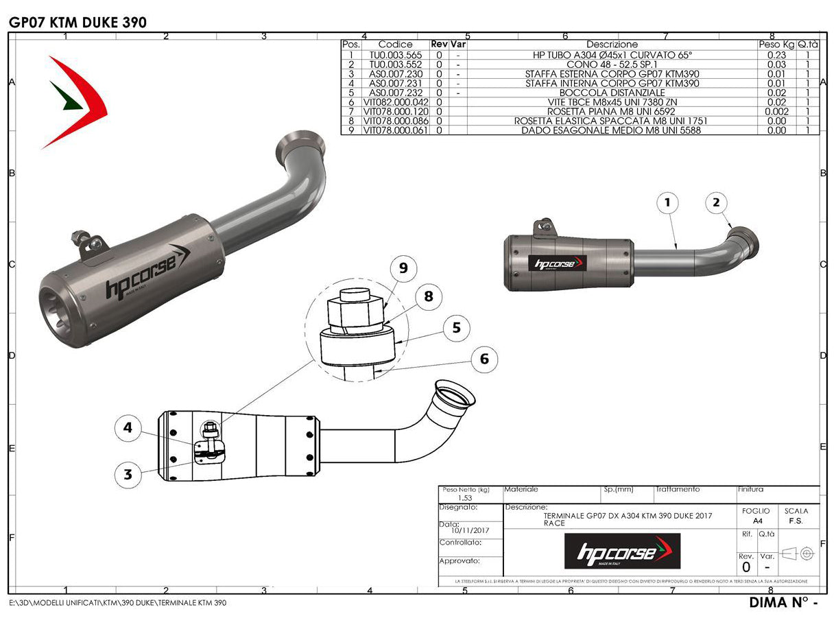 HP CORSE KTM 390 Duke (13/16) Slip-on Exhaust "GP-07 Satin with Aluminum Ring" (racing)