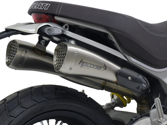 HP CORSE Ducati Scrambler 1100 Dual Slip-on Exhaust "Hydroform Corsa Short Satin" (racing)