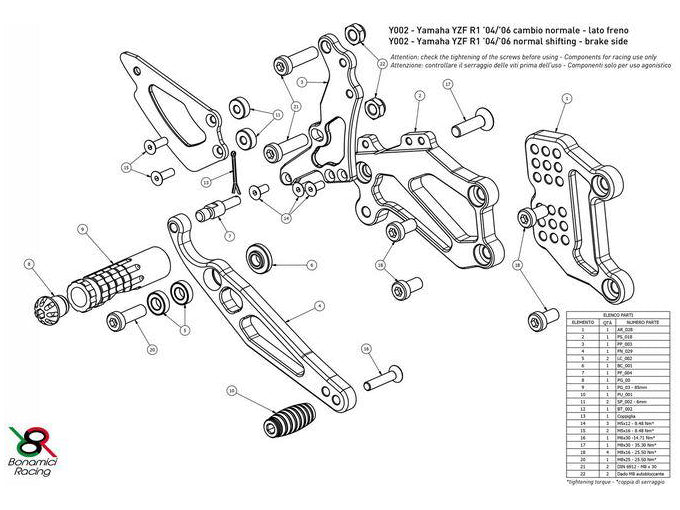 Y002 - BONAMICI RACING Yamaha YZF-R1 (04/06) Adjustable Rearset (street) – Accessories in the 2WheelsHero Motorcycle Aftermarket Accessories and Parts Online Shop