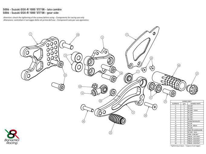 S006 - BONAMICI RACING Suzuki GSX-R1000 (07/08) Adjustable Rearset – Accessories in the 2WheelsHero Motorcycle Aftermarket Accessories and Parts Online Shop