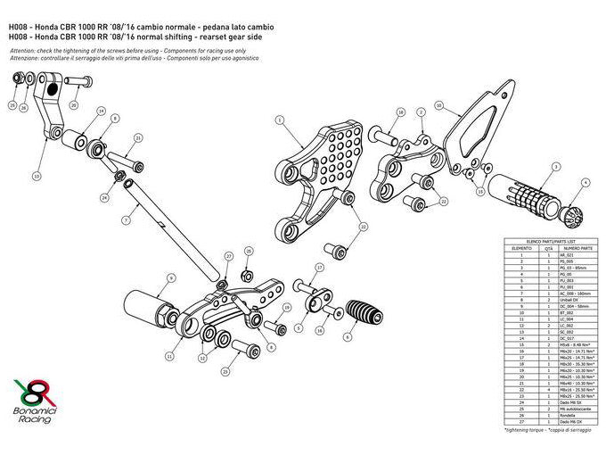 H008 - BONAMICI RACING Honda CBR1000RR (08/16) Adjustable Rearset (street) – Accessories in the 2WheelsHero Motorcycle Aftermarket Accessories and Parts Online Shop