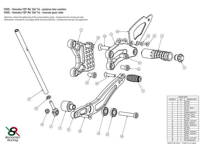 Y005 - BONAMICI RACING Yamaha YZF-R6 (06/16) Adjustable Rearset – Accessories in the 2WheelsHero Motorcycle Aftermarket Accessories and Parts Online Shop