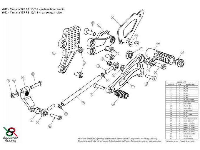 Y012 - BONAMICI RACING Yamaha YZF-R3 / YZF-R25 (2014+) Adjustable Rearset – Accessories in the 2WheelsHero Motorcycle Aftermarket Accessories and Parts Online Shop