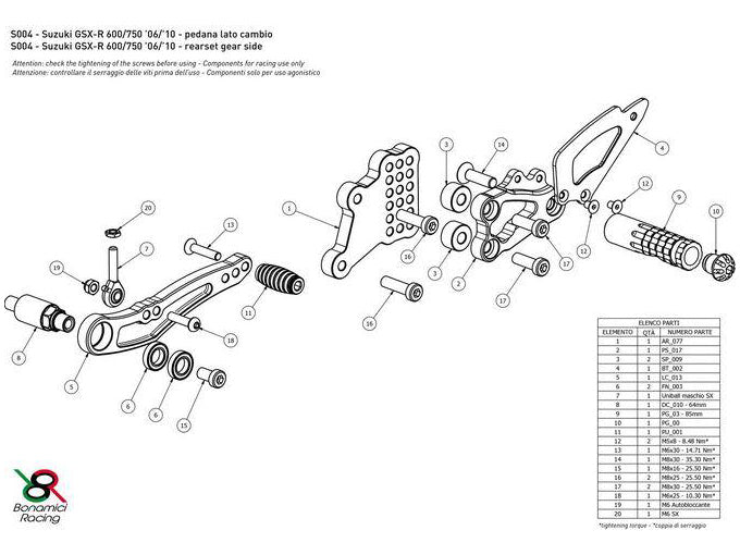 S004 - BONAMICI RACING Suzuki GSX-R600 / GSX-R750 (06/10) Adjustable Rearset – Accessories in the 2WheelsHero Motorcycle Aftermarket Accessories and Parts Online Shop