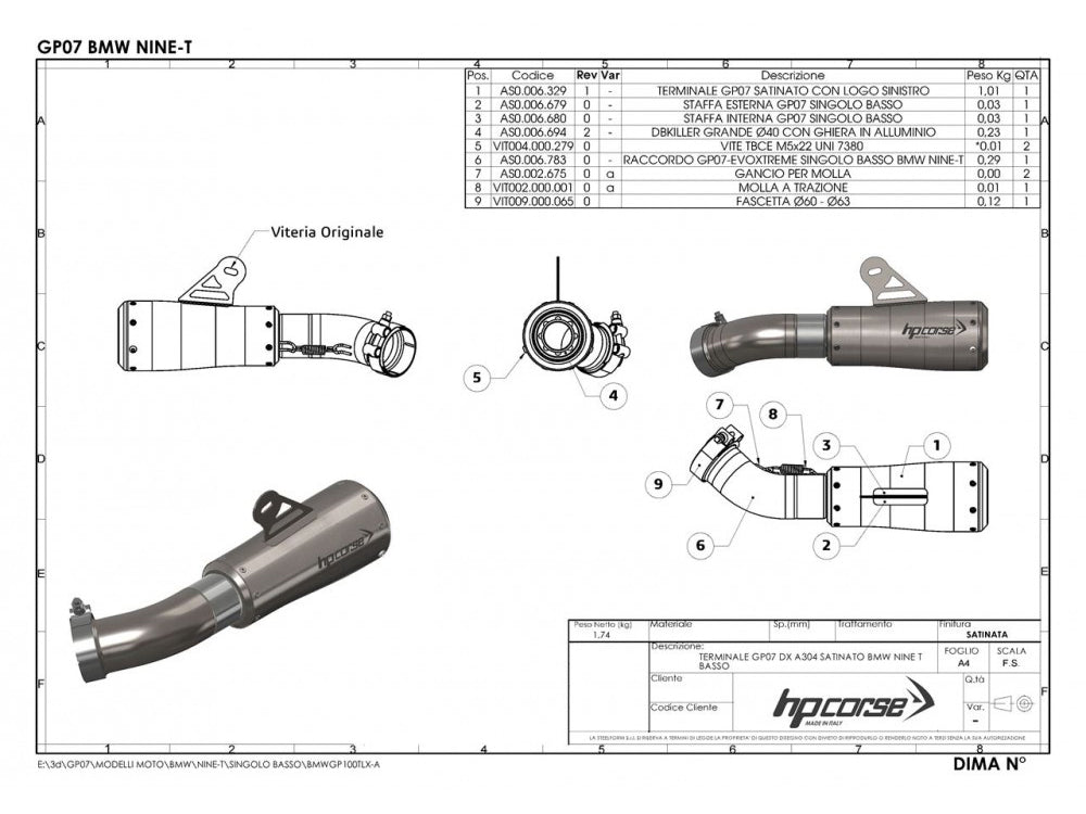 HP CORSE BMW R nineT Slip-on Exhaust "GP-07 Satin Single Low" (EU homologated)