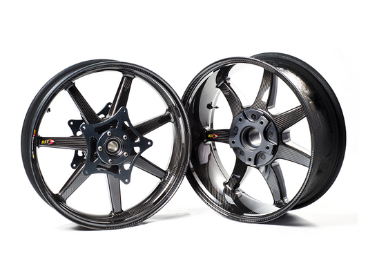 BST BMW K1200S / K1200R Carbon Wheels Set "Panther TEK" (front & conventional rear, 7 straight spokes, black hubs)